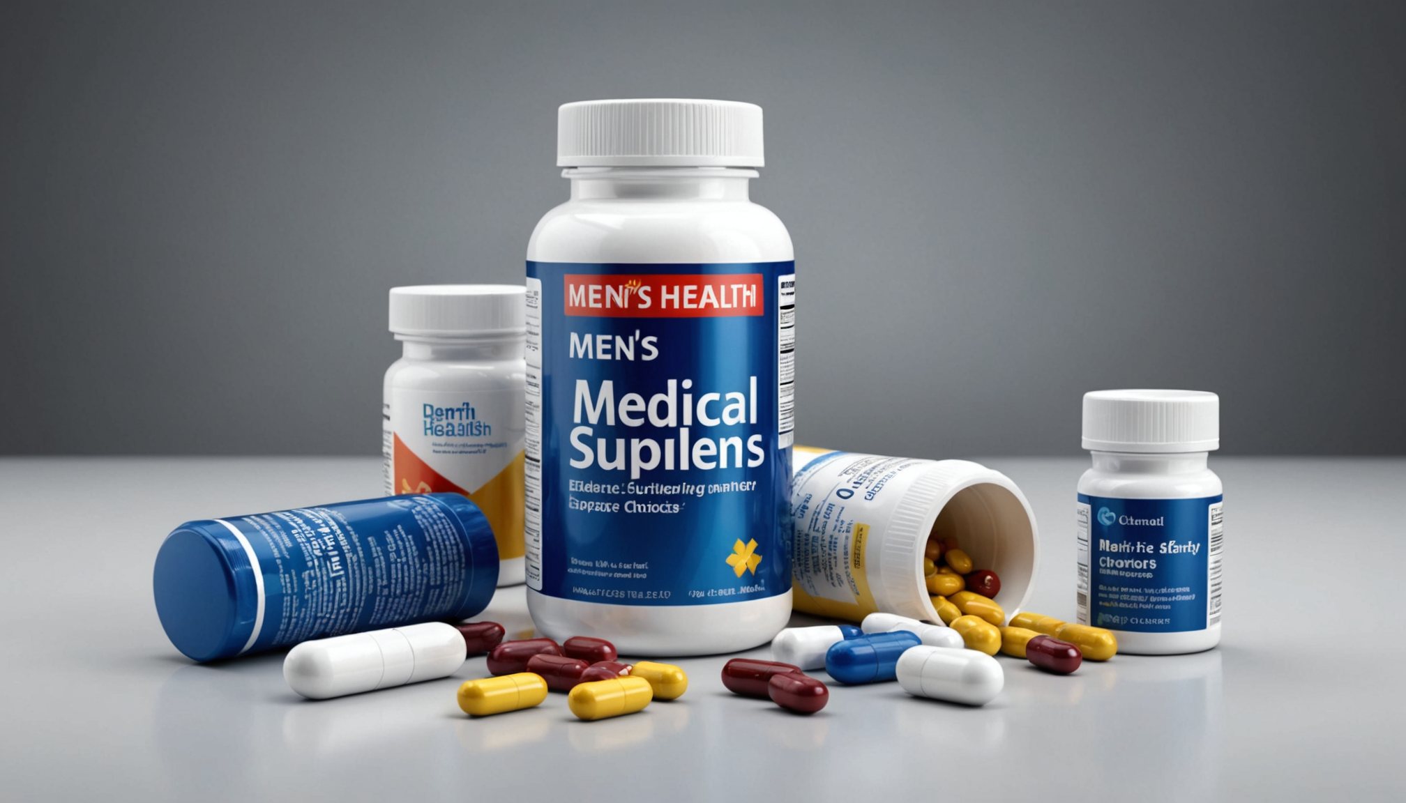 Educational illustration showing vitamins, minerals, and herbal supplements related to men's sexual health, with a doctor explaining benefits and safety